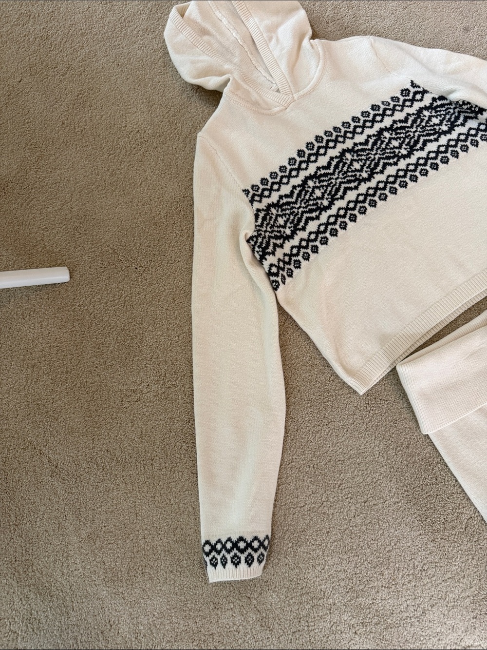 aerie Cream Knit Hoodie Set with Black Fair Isle Trim - Picture 5 of 10